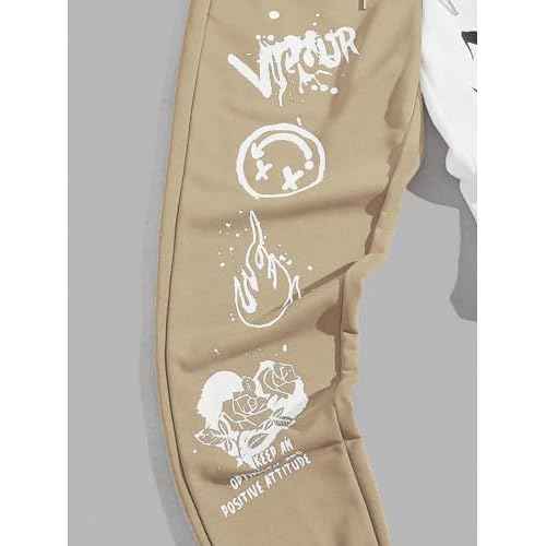 WDIRARA Men's Two Tone Cartoon Graphic Print Drawstring Waist Sweatpants Joggers with Pocket