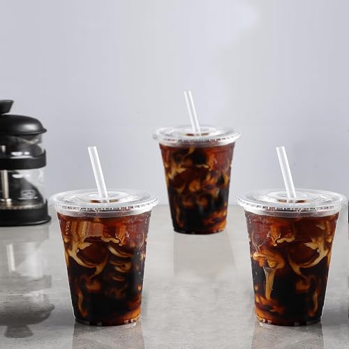 TashiBox[100 sets 12 oz plastic cups with lids and straws disposable, lemonade stand supplies,coffee essentials,smoothie cups