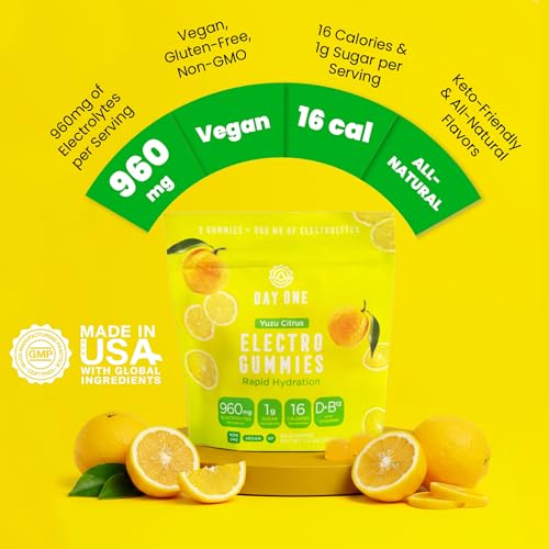 Day One Electrogummies - 60pcs. of Yuzu Citrus Flavored Electrolyte Gummies for Hydration and Recovery - Packed with Essen...