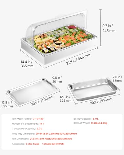 VEVOR Countertop Food Serving Display Container, 1 x 1 Pan Stainless Steel Food Serving Tray, Buffet Condiment Dispenser D...