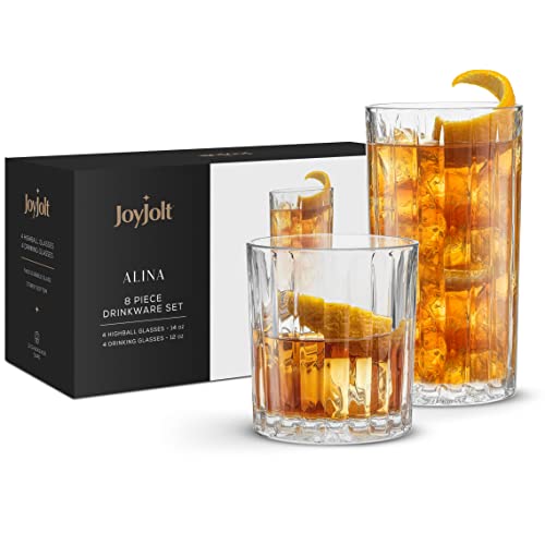 JoyJolt Drinking Glasses Set of 8, Alina Ribbed Glassware. 12oz Rocks Glass and 14oz Highball Glass set. Cocktail Glasses,...