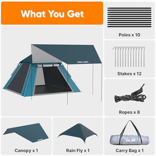 Golabs 2-3 Person Camping Tent w/ 9.5x8.5 ft Canopy, 3-Minute Setup by Pre-Attached Pole, PU1500mm Waterproof, 4 Side Mesh...