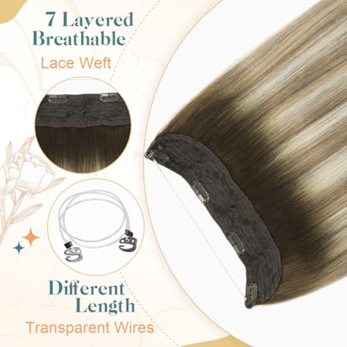 Sindra Wire Hair Extensions Human Hair Balayage Walnut Brown to Light Brown With Blonde Fishing Line Extensions 20Inch 85g Remy Invisible Wire W20#3/8/22