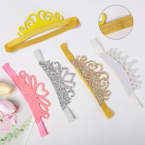 4 Pcs Glitter Tiara Headbands for Girls Elastic Princess Crown Hair Bands Stretch Sparkly Hair Bands for Toddler Girl