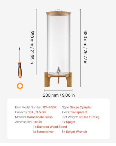 VEVOR Beverage Dispenser, 3.5 Gallon Drink Dispensers for Parties, Glass Juice Dispenser with Wood Stand, Stainless Steel ...