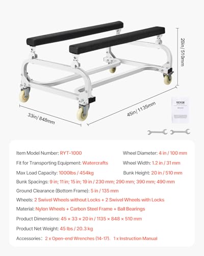 VEVOR Watercraft PWC Dolly, 1000/1300/1800 lbs Load Capacity, Jet Ski Stand PWC Cart for Moving Watercraft, Bunks with 4 C...