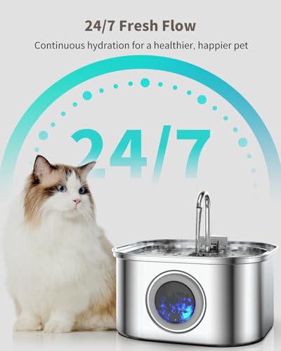 Vekonn Cat Water Fountain Stainless Steel, 3.2L/108oz Cat Fountain with Large Water Level Window, Pet Water Dispenser with...