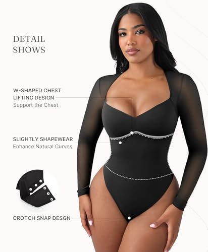 FeelinGirl Long Sleeve Bodysuit for Women Sexy Mesh V Neck Body Suits Thong Corset Top Going Out Outfits for Party