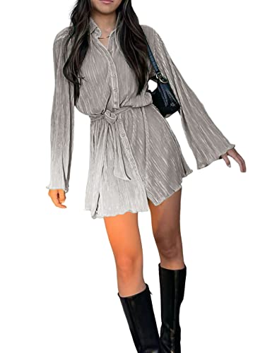 LYANER Women's Collar V Neck Button Down Pleated Long Sleeve Mini Shirt Dress with Belt