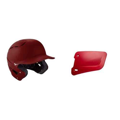 Bundle of Mizuno B6 Adult Baseball Batting Helmet, Cardinal, Small/Medium + Mizuno Batters Face Protector, Cardinal, Left Hand Batter