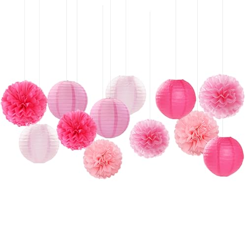 Light-Hot Pink Party-Decorations Paper-Flowers Lanterns - 15pcs Graduation Girl Birthday Decor Tissue Pom Poms Streamers, ...