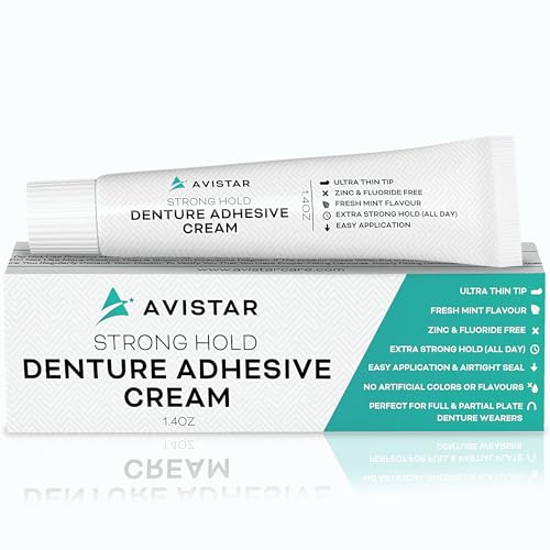 Extra Strong Denture Adhesive Cream, 12 Hour Hold Dental Glue, Waterproof, Zinc & Fluoride Free, Easy Apply Nozzle, Seals Food Out for Comfort, Mint Flavor (6 Pack, 8.4 Fl Oz)