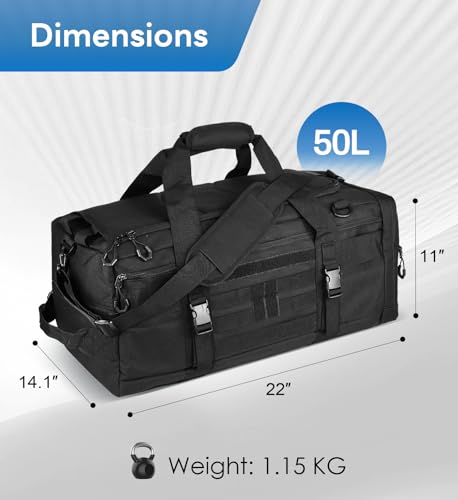 Hannibal Tactical 50L Large Duffle Bag, 4-in-1 Tactical Backpack MOLLE Pack for Sports/Gym/Outdoor, Black