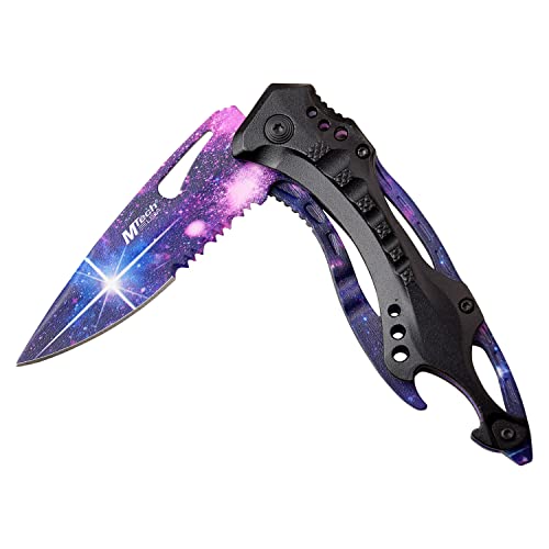 MTECH USA Folding Knife, 3.75-Inch Half-Serrated Blade, Titanium Coating, Glass Breaker, Pocket Clip