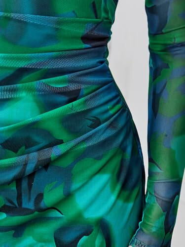 Trendy Queen Women's Floral Print Bodycon Ruched Dress Fall Long Sleeve Maxi Wedding Guest Dresses with Side Slit