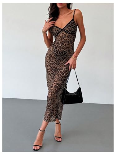 BEAUDRM Women's Sexy Cheetah Sheer Dress Y2K Mesh Leopard See Through Bodycon Maxi Dress Going Out Date Party Rave Clubwear