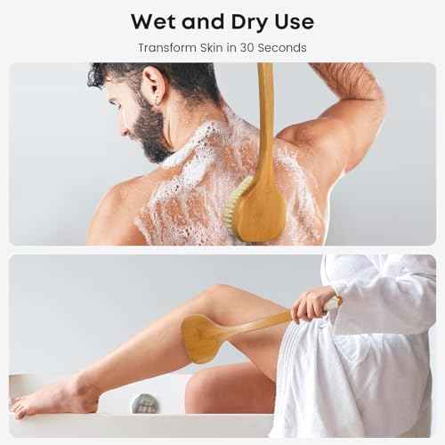 Bamboo Back Scrubber with Curved Long Handle, 17.3 Inches Exfoliating Shower Brush with Stiff Bristles for Men and Women, Back Washer Body Exfoliator for Bath or Dry Brushing