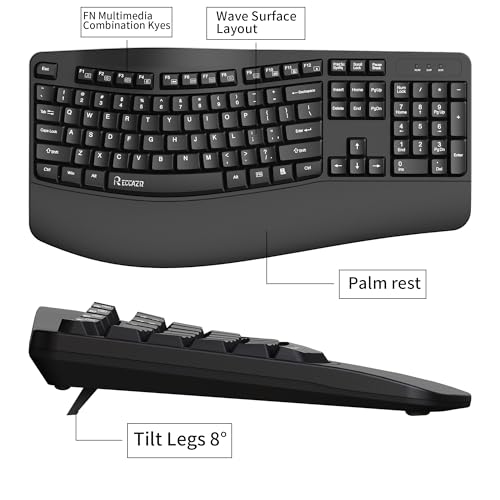 RECCAZR Ergonomic Keyboard, Wired Computer USB Keyboard with Wrist Rest, Spill-Resistant, Wave Keys for Natural Typing, Co...