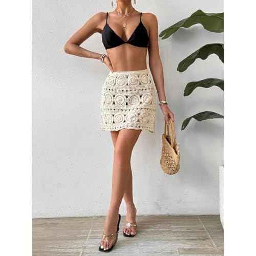 WDIRARA Women's Hollow Out Crochet Knit Cover Up Skirt High Waisted Sheer Beach Skirts