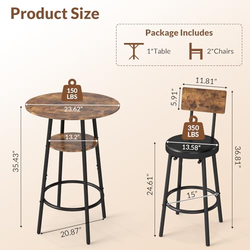 Zevemomo 3 Pieces Round Bar Table Set, Small Dining Table for 2, Modern Kitchen Bar Table, Breakfast Table with Storage, 2 Thickened Cushion Stools with Backrest for Dining Room, Bistro-Brown