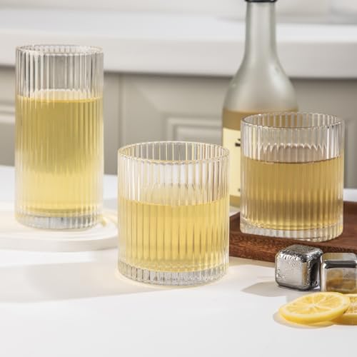 Lumkit Ribbed Drinking Glasses 8pcs, 12oz and 10oz Glassware, Tumbler Glasses Cup Set for Wedding, Party, Christmas Gift, ...