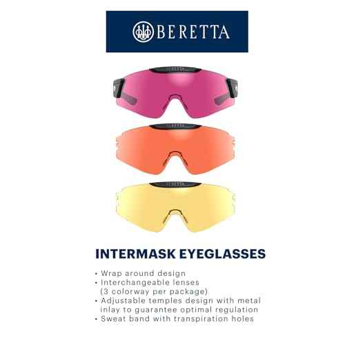 Beretta Intermask Wraparound Design Adjustable Protective Shooting Eyeglasses with Interchangeable Lenses (3 Colors per Pack)