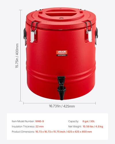 VEVOR Insulated Beverage Dispenser, 8 Gal/30.3L Thermal Hot and Cold Drink Server Dispenser with Spigot, Food-Grade Cooler...