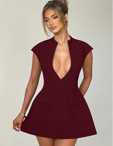 YMDUCH Women's Sexy Deep V Neck Cap Sleeve A-line Mini Club Party Dress