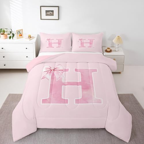 Erosebridal Bowknot Bedding Twin,Monogrammed Bows Comforter Set for Girls,Initial Birthday Gifts Quilt for Mom Daughter Sister,Unique Bedroom Room Decor,Luxury Soft(H)