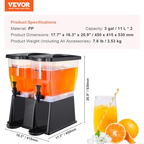 VEVOR Beverage Dispenser, 3 Gallon x 2 Drink Dispensers for Parties, Plastic Juice Dispenser with Stand Spigot Lid, Iced T...