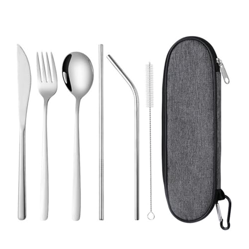 6-Piece Stainless Steel Travel Cutlery Set,Reusable Utensils (Knife/Fork/Spoon/Straw) with Case for Office,Camping & On-Th...
