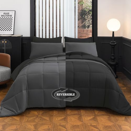 LETSLEEP Queen Size Comforter Set - 8-Piece Black Luxury Bedding with Reversible Microfiber Lightweight Comforter, Bed Skirt, Flat Sheets, Pillowcases & Pillow Shams