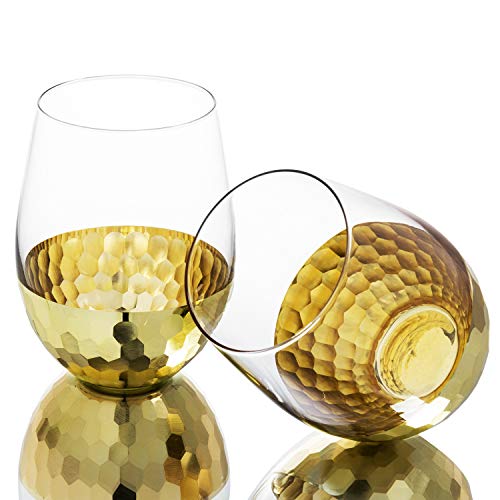 MyGift Modern Stemless Champagne Flute Glass Set of 4 Party Drinkware, Cocktails Prosecco Mimosa Glasses with Hammered Bra...