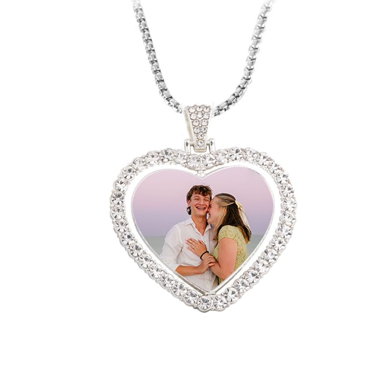 Personalized Heart Photo Necklace for Women - Custom Picture Pendant with Rhinestones, Memorial Gift for Wife Girlfriend Mom, Anniversary Birthday Jewelry Keepsake (Style 1)