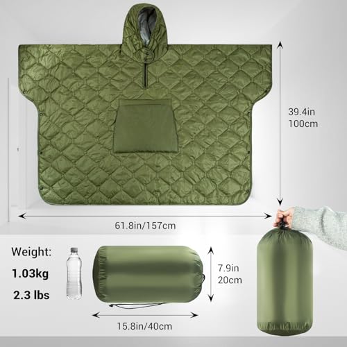 FUNANASUN Recycled Wearable Sleeping Bag, 4-in-1 Poncho Blanket Hoodie with 650FP Insulation, Ultralight Packable for Adul...