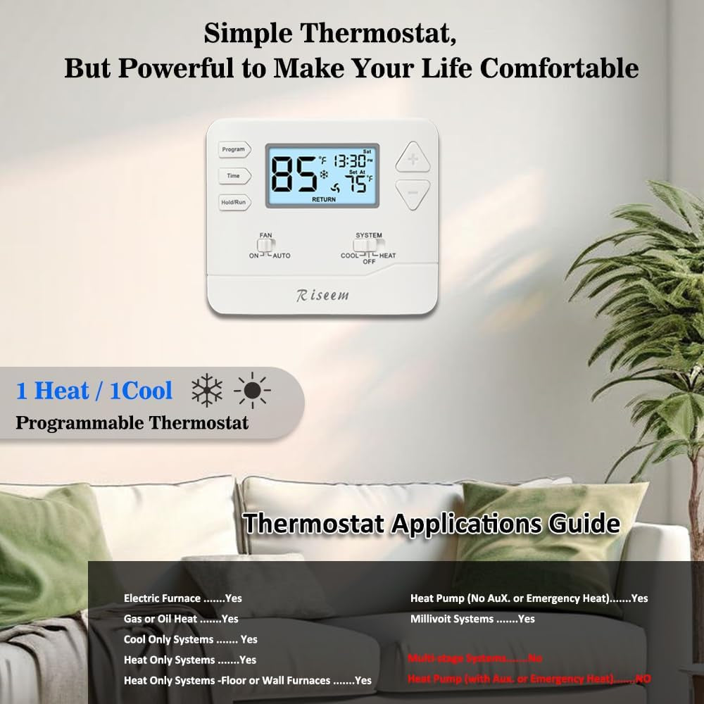 Programmable Thermostat for Home,Conventional Single-Stage Systems,5-1-1 Day Programmable Digital Energy-Saving Thermostat,Up to 1 Heat/1 Cool Compatible with Gas System,White Backlight