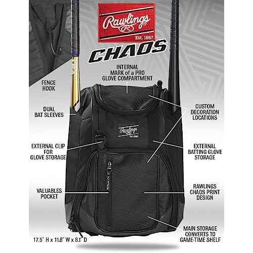 Rawlings | CHAOS Backpack Bag Series | T-Ball & Youth | Baseball & Fastpitch Softball | Multiple Colors