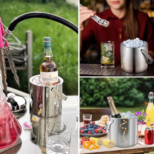 3 Liter Ice Bucket with Lid Scoop Tongs Strainer, Portbale Double Wall Stainless Steel Ice Container Freezer Drinks Cooler...