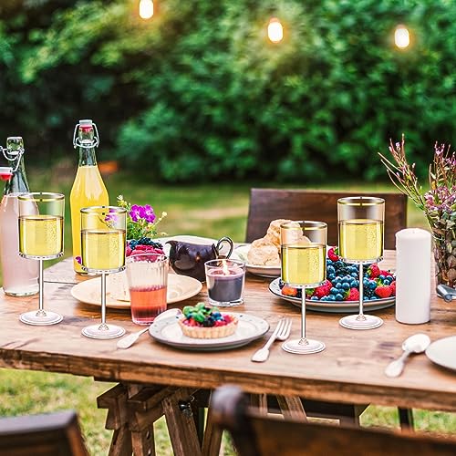 Yaomiao 12 Pack Clear Plastic Disposable Wine Glasses with Stem 10 Oz Gold Rimmed Reusable Wine Glasses Cups for Wedding A...