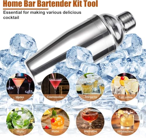 Personalized Cocktail Shaker Set with Stand — Engraved Bartender Kit w/Jigger, Strainer, Spoon & Pourer — Custom Bar Mixol...