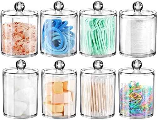 SheeChung 8 Pack Qtip Dispenser Apothecary Jars Bathroom Set with Labels Clear Plastic Qtip Holder Storage Set for Cotton Ball/Swab/Rounds,Floss Picks, Hair Clips,Hair Ties(Clear)
