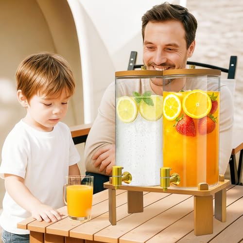 VERSSURE 2PCS Drink Dispenser, 1.5 Gallon Each Glass Beverage Dispenser with Wood Stand and Stainless Steel Faucet Ideal f...