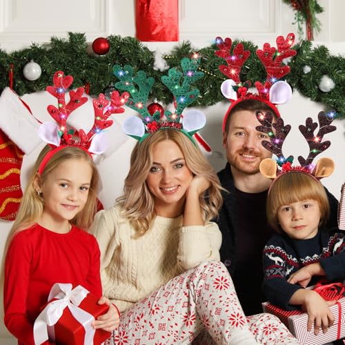 Xinoe 3 Pcs Christmas Antler Headband with LED Lights for Christmas Parties and Festive Decorations