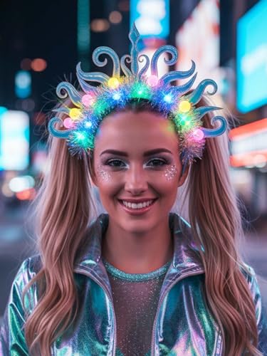 Lorealri Light Up Crown Headband, Glowing Homecoming Rave Festival Party Cosplay LED Accessory for Women