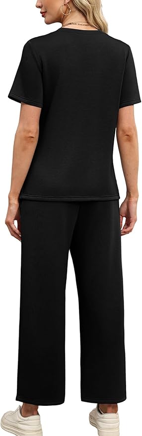 WIHOLL Two Piece Sets for Women Summer Travel Vacation Outfits Short Sleeve Lounge Sets Side Slit Wide Leg Pants S-3XL