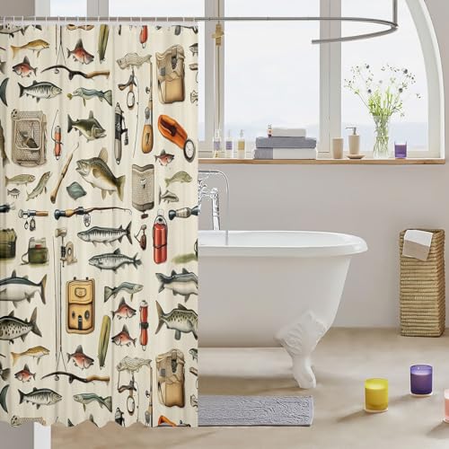Manfei Fishing Shower Curtains,Rustic Lake House Bass Fish Animal Hunting Bath Curtain,Natural Adventure Fishing Rod Bathr...