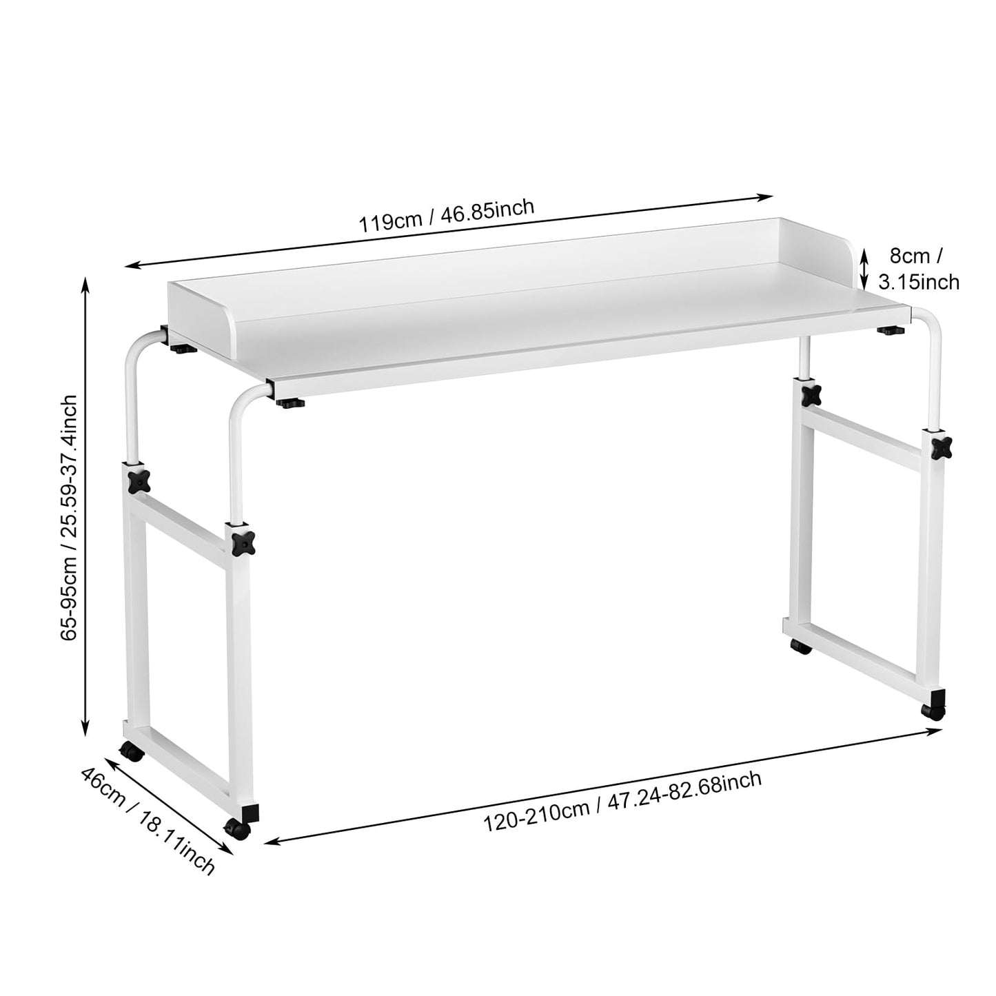 Rodiuiu Overbed Table with Wheels Laptop Desk Cart Table Over The Bed Table Adjustable Height and Length for Hospital and Home use(White)