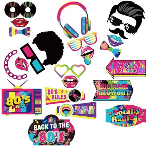 M AMFEOV 40 Pcs 80s Photo Booth Props, 80s Party Decorations 80s Props, 80s Birthday Party Decorations Disco Party Photo B...