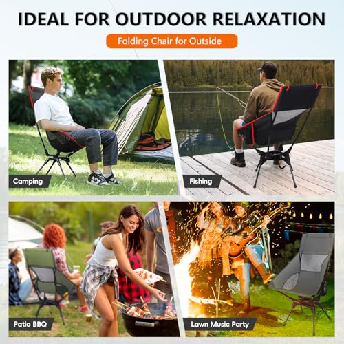 OUTTPLY Swivel Camping Chair, High Back Folding Chair with Head Support, Side Cup Pocket, Stable Portable Outdoor Chair fo...