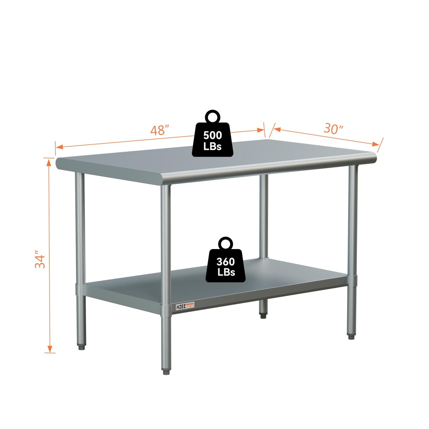 HZEEMFG Stainless Steel Table for Prep & Work 30x48, 4ft, Commercial Heavy Duty Table with Undershelf for Restaurant, Home and Hotel Kitchen